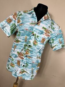 RJC M Medium Shirt Blue Green Hawaiian Tropical Surfing Button Down Cotton W1