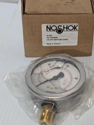 Noshok 25-901-100 PSI/BAR Liquid Filled Stainless Pressure Gauge 1/4" NPT, NEW - Image 1 of 3