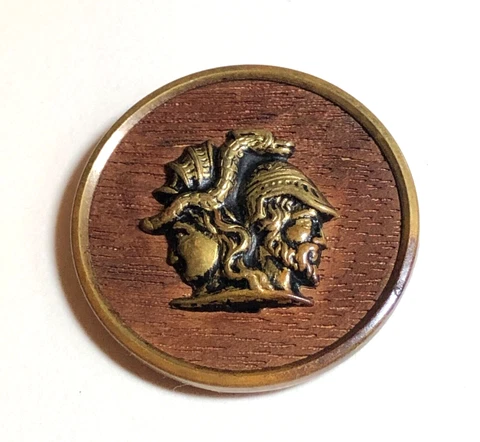Brass Jupiter & Minerva on Wood Background Metal Button, NBS Medium Cover