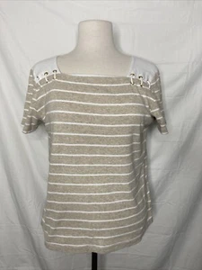 Jones New York Signature Top Women’s Large Beige White Striped Shirt - Picture 1 of 5