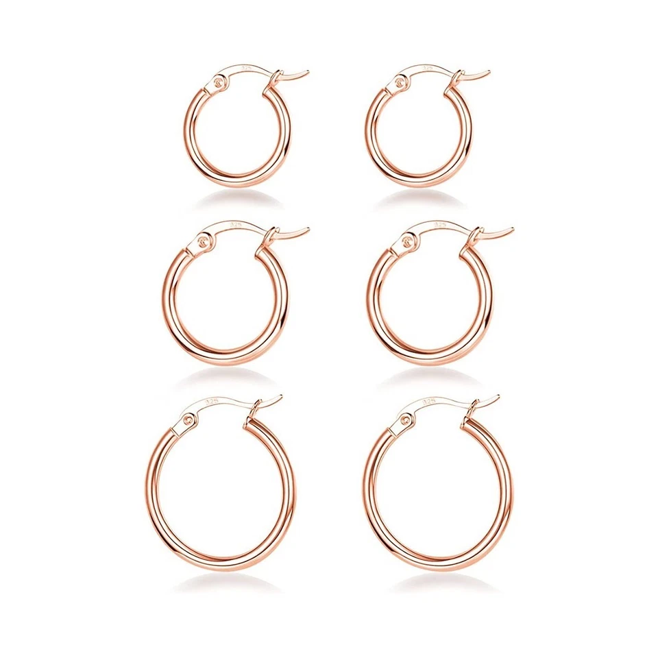 925 Sterling Silver Rose Gold Hoop Earrings 3 Pack Set 2mm x 20mm, 18mm, 15mm - Image 1 of 1