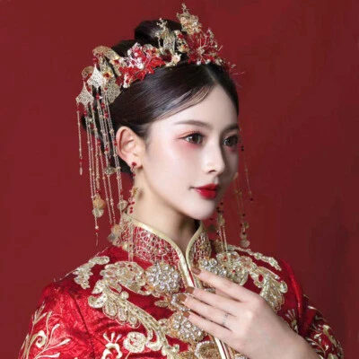 Chinese Crown Headdress Tassel Earring Step Shake Tiara for Bride Wedding Retro - Image 1 of 4