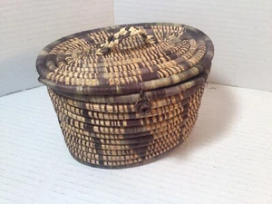 African Oval Coiled Basket w/ Lid Hand Woven Grass Diamond Pattern - Picture 1 of 8
