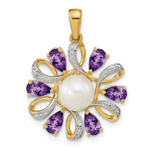 14K Yellow Gold Diamond and 6-7mm Button FWC Pearl/Amethyst Pendant 2.04g - Picture 1 of 2