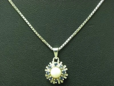 835 Argento Catena & 925 Sterling Ciondolo Con Perle Akoya & Spinello 38,9cm - Immagine 1 di 3