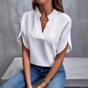 Summer Tops For Women Blouse 2025 Fashion Short Sleeve Solid V Neck Loose Shirts - Picture 1 of 11