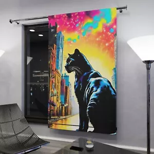 Cat Art Window Curtain, Black Cat, Colorful Home Decor, Cat Lovers Gift - Picture 1 of 5