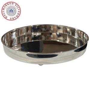 925 Sterling Silver Hallmarked Heavy Sapad / Dinner Thali with Stand - Style#05 - Picture 1 of 8