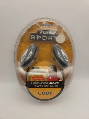 Vintage Coby CX-24 Lightweight AM/FM Radio Headphones Turbo Sport Black New - Image 1 of 2