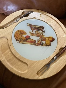 Vintage Cheese/Charcuterie Lazy Susan - Wood w/ Round Ceramic Insert- Boho 1970s - Picture 1 of 10