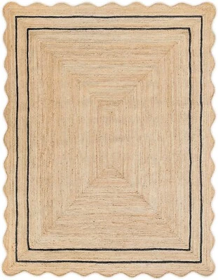 scallop jute rug design rustic look carpet living room area rug beige + black - Image 1 of 4