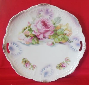 Antique SCH Schwarzenhammer Bavaria Cake Plate Pierced Handles Pink Roses - Picture 1 of 7