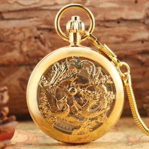 Dragon Phoenix Design Pure Copper Mechanical Pocket Watch with Snake Chain Gifts - Picture 1 of 10