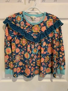Matilda Jane Youth Girls Sz 12 Wonderment Flower Forest Tunic Teal Coral Ruffled - Picture 1 of 9