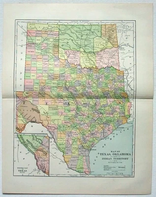 Texas Oklahoma y Territorio Indio - Mapa original de 1891 por Hunt & Eaton. Antiguo Foto 1 de 4