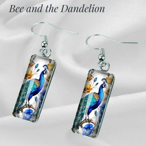 Beautiful Peacock Glass Cabochon Rectangular Silver Tone Earrings - Picture 1 of 6