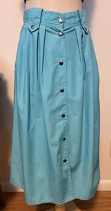 Vintage 80s Button Down Long Skirt Blue Pleated Size 12 (28) Snap Button Pockets - Picture 1 of 14