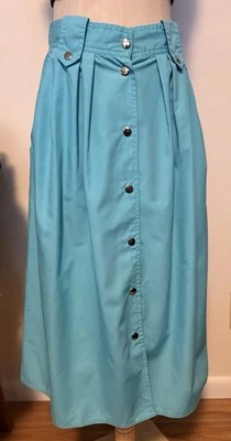 Vintage 80s Button Down Long Skirt Blue Pleated Size 12 (28) Snap Button Pockets - Image 1 of 4