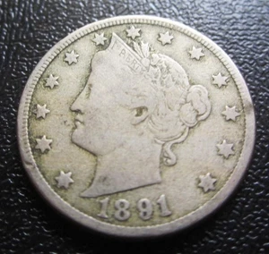 1891 Liberty Head V Nickel Semi Key Date 5C Five Cents F/VG+ Coin - Bild 1 von 2