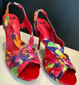 Penny loves Kenny | Peep Toe Slingback Stilettos Sandals | Red Pink Floral | 9 - Picture 1 of 7