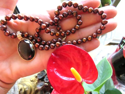 Oro Amarillo 14K Cuarzo Ahumado/Diamante Potenciador - Collar Colgante Perla Cuentas 18" Foto 1 de 4