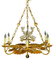 Vintage Tole French Figural Neoclassical Crystal Chandelier Koi Fish