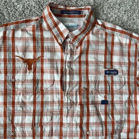 UT Texas Longhorns Columbia PFG Button Shirt Mens Medium Plaid Super Bonehead Cover