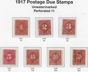 US Scott J61-67, 1917  Postage Due set, Carmine, M & U, OG/NG, F/VF (Description - Picture 1 of 1