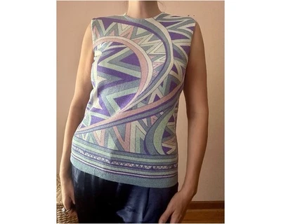 Vintage 60s Psychedelic Mod Hippie Purple Blue Geometric Sleeveless Top Blouse L - Image 1 of 4