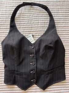 VTG! NWT Bebe Button-Front Sleeveless Vest Halter Top Sz: S Striped Y2K Grunge! - Picture 1 of 12