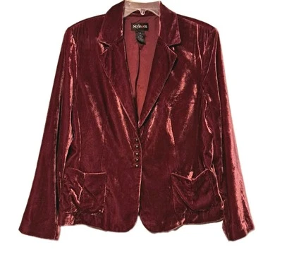 Style & Co Womens Blazer 14 Burgundy Velvet Button Up Pockets Whimsigoth Boho - Image 1 of 4