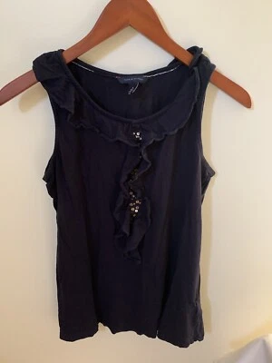Blusa sin mangas Tommy Hilfiger para mujer M azul oscuro con volantes lentejuelas doradas cuello redondo Foto 1 de 4
