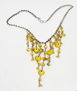 Collar de flecos con cuentas de mal de ojo amarillo vintage - cadena de plata con cuentas de vidrio - Imagen 1 de 2