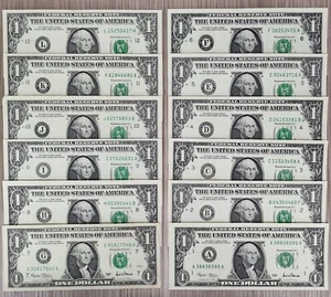 2001 One Dollar Bills $1 COMPLETE DISTRICT SET 12 Notes Federal Reserve #64613 - Picture 1 of 1