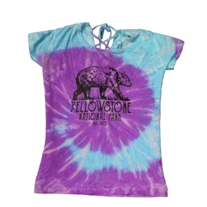 "Yellowstone National Park" Tie Dye Grizzly Bear Graphic Lace-Up Back Tee Kids M - Picture 1 of 21