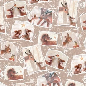 CLEARANCE - 'WOODLAND WONDER' SMALL PATCHES ON KHAKI CHRISTMAS FABRIC - QUILTING - Picture 1 of 1