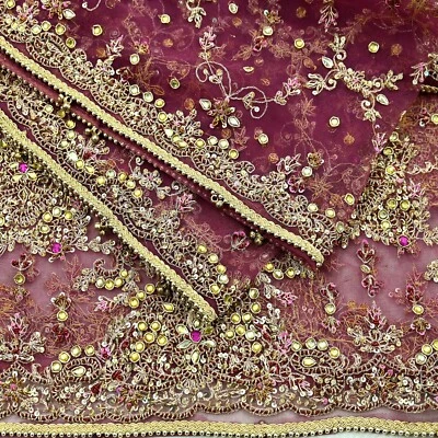 Vintage Heavy Purple Dupatta Net Mesh Long Stole Hand Embroidered Scarf Zardozi - Image 1 of 4