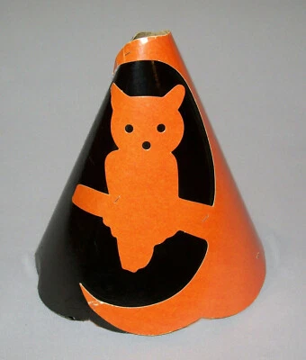 Antiguo Antiguo De Colección Principios Ca 1930 Halloween Papel Cartón Fiesta Sombrero Búho en Rama Foto 1 de 4
