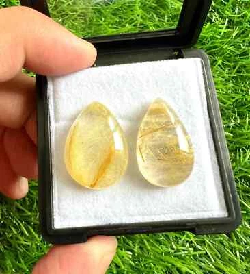 Natural Golden Rutilated Quartz 15x20MM Pear Cabochon 5Pcs Loose Gemstone Lot. - Image 1 of 4