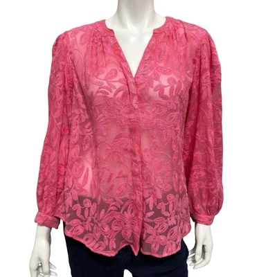 Blusa CHICO'S Talla 1 EE. UU. 8 Transparente Lujosamente Bordada Botón Frontal Rosa Foto 1 de 4