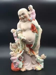 Vintage Buddha Statue & 5 Children Chinese Porcelain Famille Rose Laughing Large - Picture 1 of 12