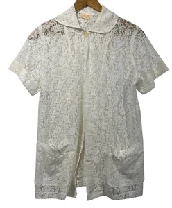 Vintage Walco of Miami Damen transparentes kurzärmliges Oberteil mit Blumenspitze weiß Gr. M - Bild 1 von 10