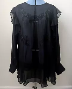 White House Black Market Chiffon Top Embroidered Sheer Applique Tunic Black 14 - Picture 1 of 10