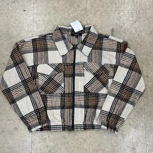 MINE Cropped Flannel Beige, Brown, & Black Plaid Shirt Womens Small NWT - Picture 1 of 5