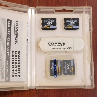 Lot of 4 Olympus Type M 256MB XD Picture Memory Cards + MAUSB-500 Memory Adapter - Image 1 of 4