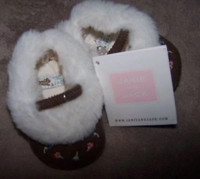 全新带标签 Janie & Jack 棕色灯芯绒人造毛皮婴儿床鞋婴儿新生儿女孩 00 或 04 — 第 1/4 张图片