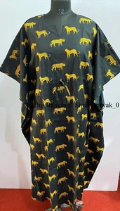 Indian Tiger Printed Kaftan Cotton Hippie Maxi Women Nightwear Caftan Dress - Picture 1 of 6