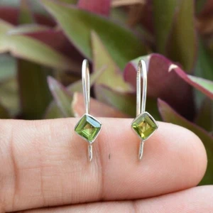 Peridot Square Gemstone Earrings – 925 Sterling Silver Handmade Jewelry Gift - Picture 1 of 5