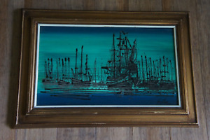 signed Original MCM Painting BURTON Vangaard Studios Haunting Ghost Tall Ships