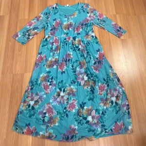 Coldwater Creek Large A-Line Cottage Core Sheer Sleeve Maxi Dress Teal Blue - Picture 1 of 14